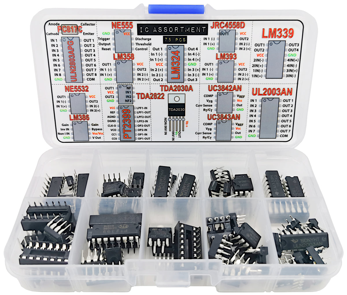 IC Assortment Box 75 pcs, PC817c, NE555, LM358, LM324