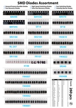 Load image into Gallery viewer, SMD Diodes Assortment 260 pcs, SOT-23 LL-34 SMA SMB, 1N4001, 1N4002, 1N4004, 1n4007, RL-207, 1N5408, FR107, UF4007, SF14, SF18, 1N5819, SR1100 SR240, SR2100, 1N5822, SR3100, SR540, 1N4148, BAV70
