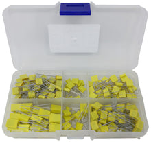 Load image into Gallery viewer, 0.1uf, 0.01uf, 0.001uf, 100pf, 1uF, Yellow Box MKT Polyester Film Capacitor Assortment
