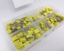 Load image into Gallery viewer, 0.1uf, 0.01uf, 0.001uf, 100pf, 1uF, Yellow Box MKT Polyester Film Capacitor Assortment
