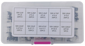 SMD Aluminum Electrolytic Capacitor 50V Assortment: 1uF, 2.2uF, 3.3uF, 4.7uF. 10uF. 22uF, 33uF, 47uF, 100uF, 220uF